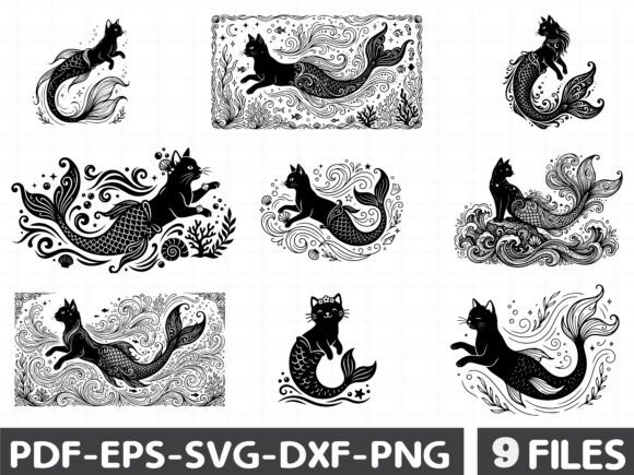 Mermaid Cat Silhouette Graphics for Modern Editorial Design
