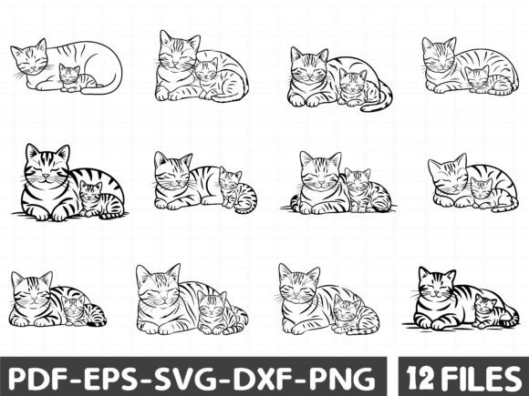 Mother and Kitten Line Art Graphics